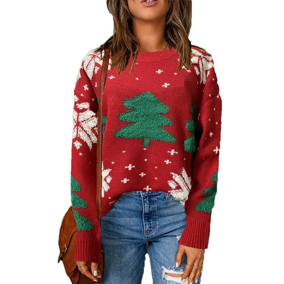 hirigin Women's Ugly Christmas Sweaters, Long Sleeve Tree Snowflake Embroidery Loose Knit Pullovers