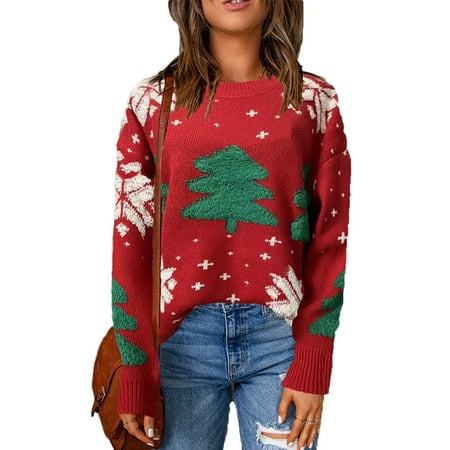 

Raruxxin Women s Ugly Christmas Sweaters Long Sleeve Tree Snowflake Embroidery Loose Knit Pullovers