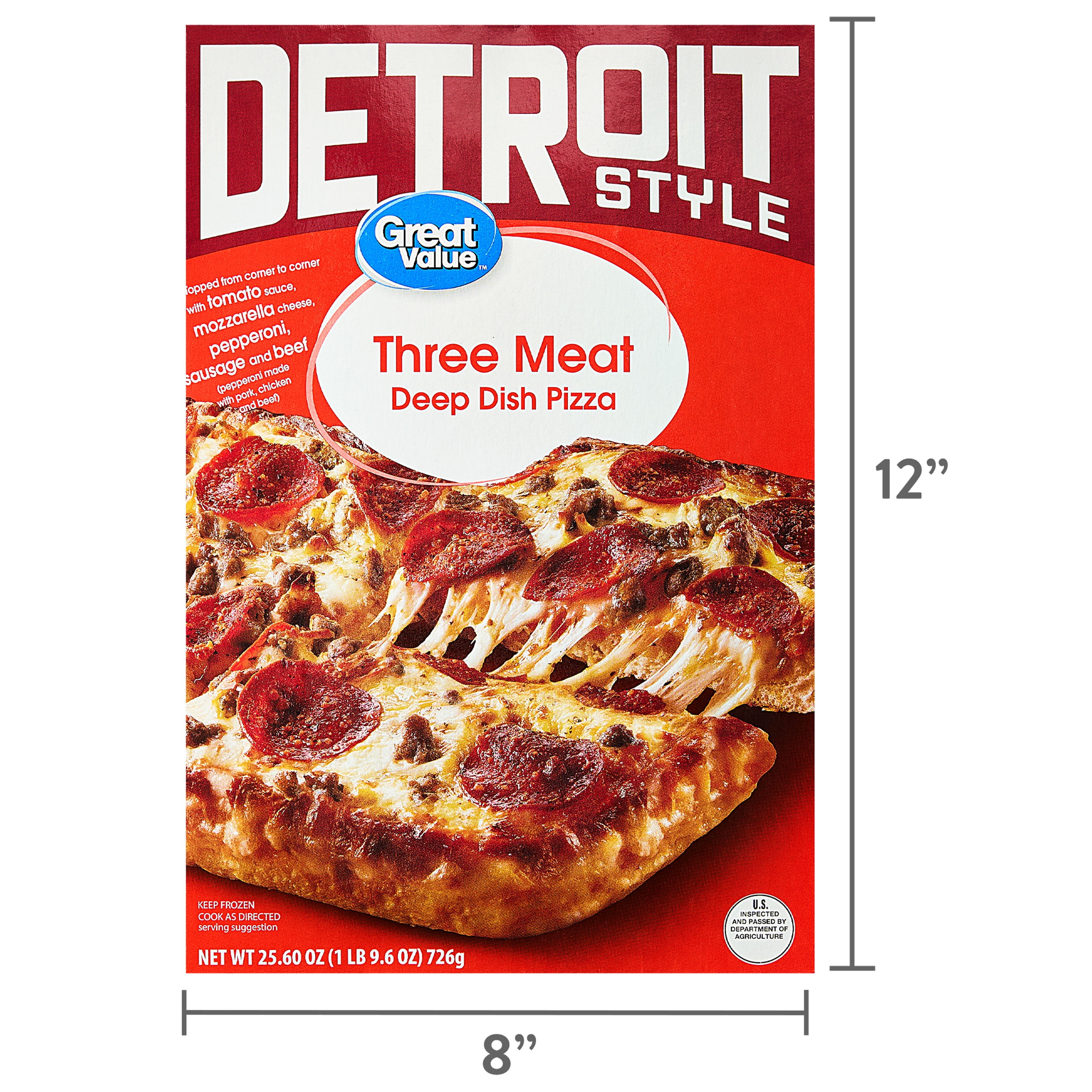 Great Value Detroit-Style 3-Meat Pizza, 25.6 oz frozen deep-dish