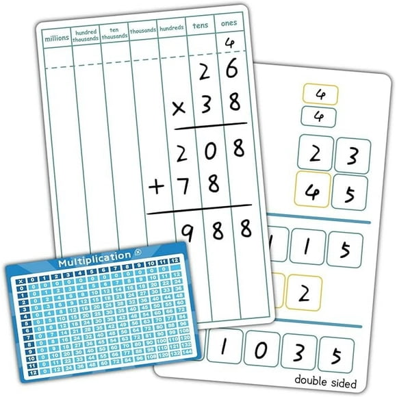 Dry Erase Long Multiplication Practice White Board, 8" x 12" Double Sided 2-digits Multiplication Board with a 4" x 2.5" Multiplication Chart Board for Kids Students, Classroom and Home, Math Center