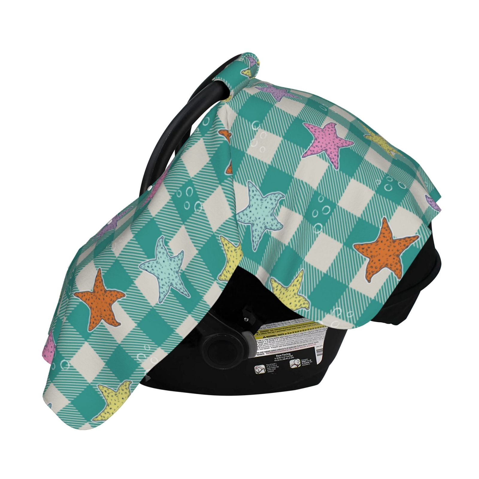Naloa Starfish On Checkered Background Baby Car Seat Cover, Breathable Baby Carrier Cover, Multiuse Baby Carrier Cover & Nursing Breastfeeding Cover