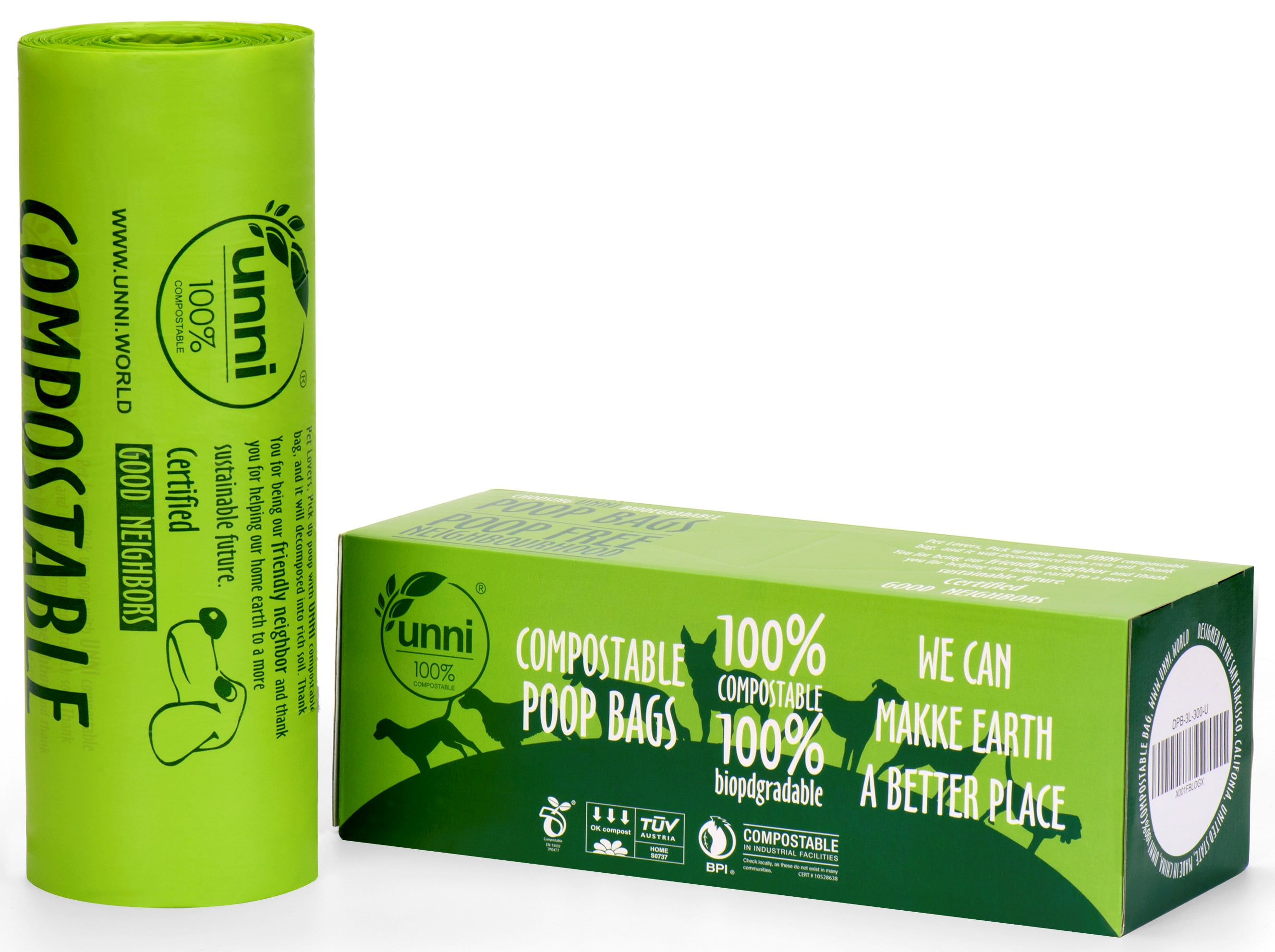 UNNI 100% Compostable Dog Waste Bags with Poop Bag Dispenser US BPI & OK HOME 