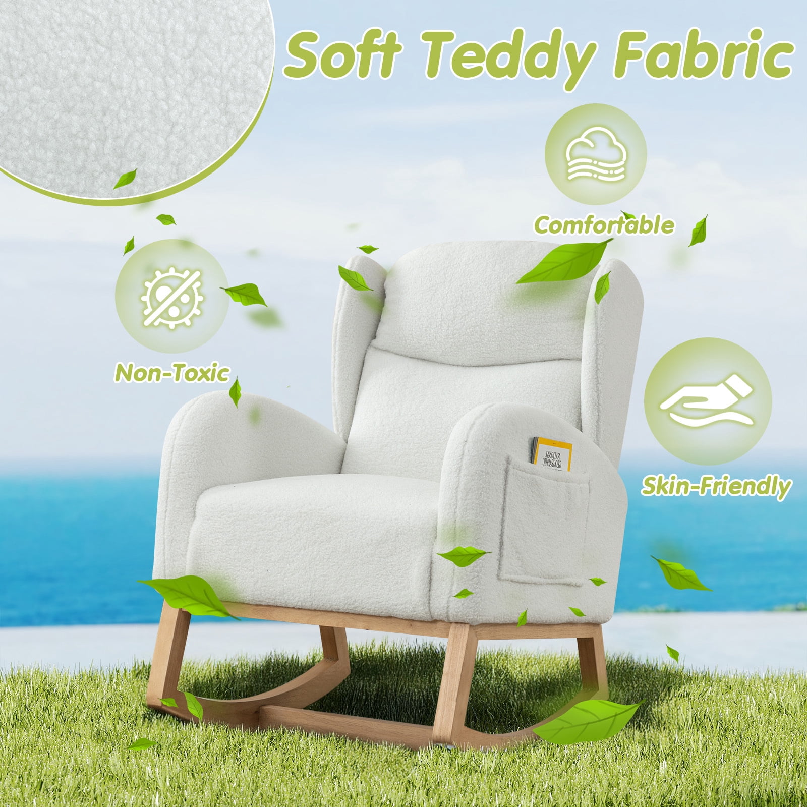 Lunale Indoor Rocking Chair, Upholstered Accent Rocker Chair with Wood Legs, Ivory Teddy