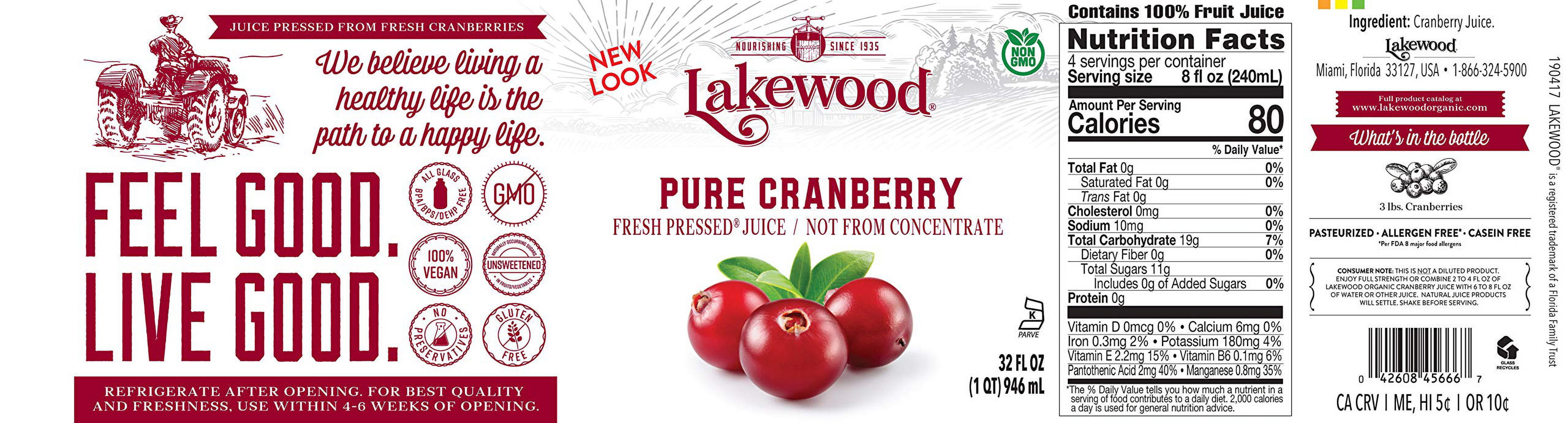 Lakewood Pure Cranberry Juice 32 oz (Pack Of 6)