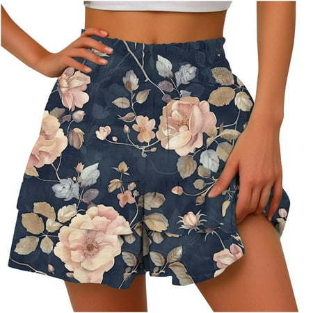 Dwaogom Women s Summer Solid Color High Waisted Shorts With Floral Pleated Hem Casual Shorts High Wasted Leggings For Women-Womens Black Seamless Workout Leggings Black Panties