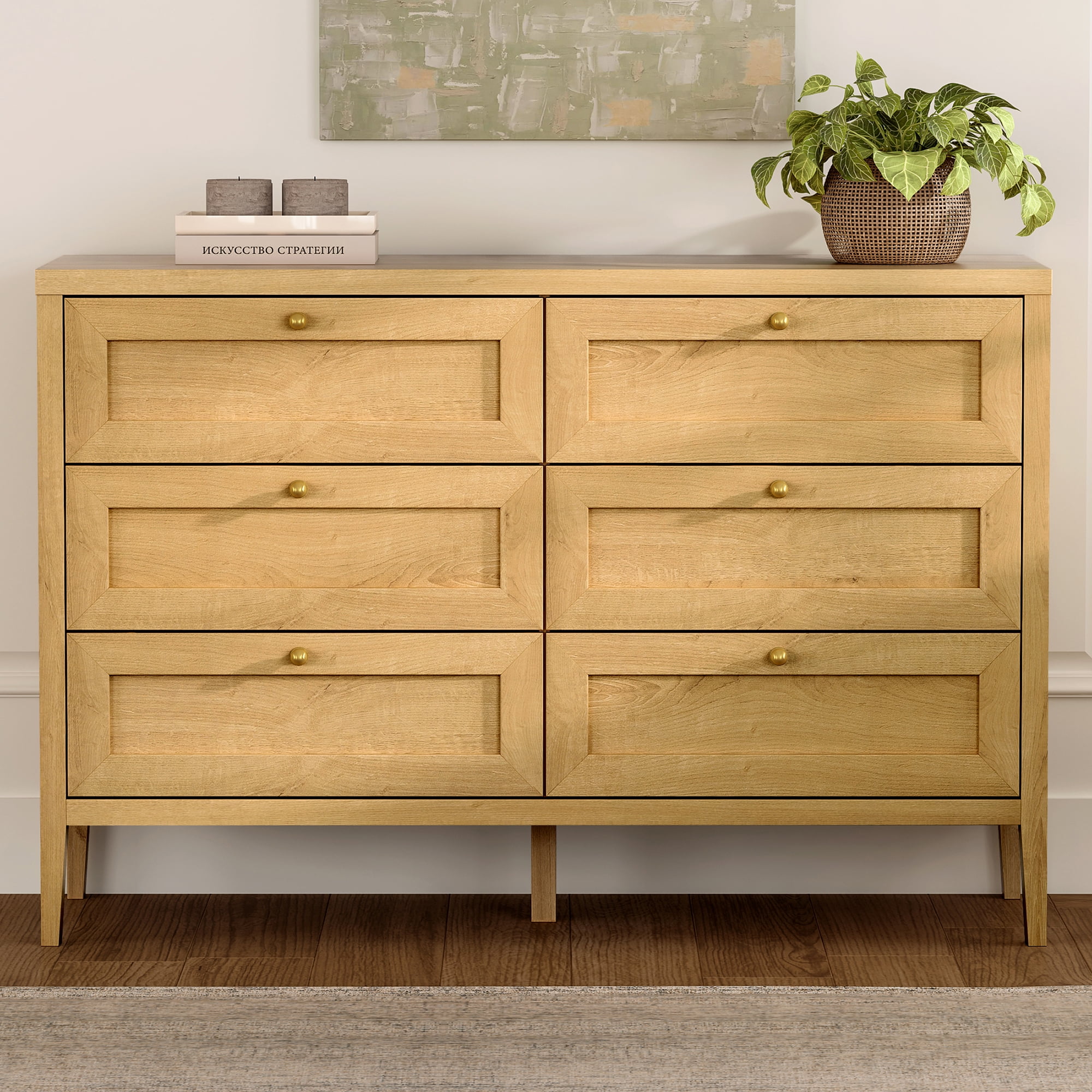 EYYTHUNG Modern 6-Drawer Storage Dresser for Bedroom, Chest of Drawers with Golden Handles, Cabinet Side Table, Natural Oak