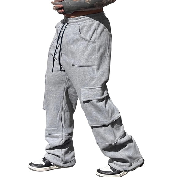 PADFRYBK Plus Size Wide-Leg Pants For Men Workwear Casual Loose Pants Solid Color Sweatpants Cargo Sweatpants