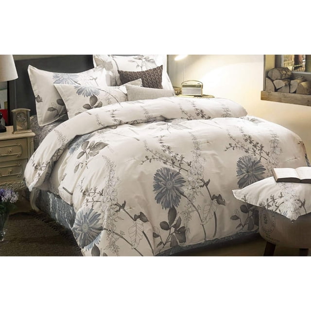 Wake In Cloud - Floral Duvet Cover Set King, 100% Soft Cotton Bedding, Botanical Flowers Pattern Printed, with Zipper Closure (3p