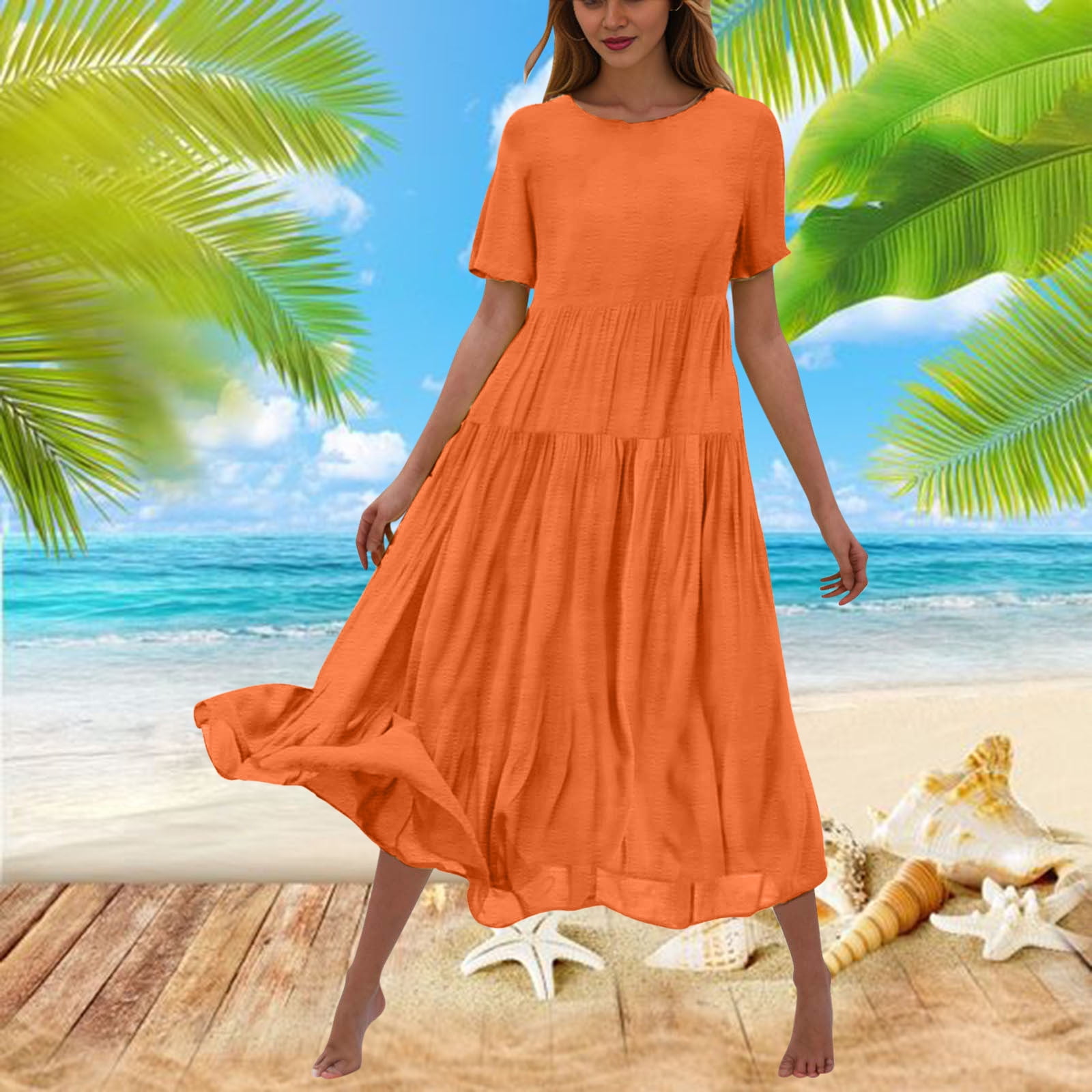 Hueook Casual Dresses for Women Women's Flower Solid Color Casual Short Sleeve Crewneck Dress Casual Flowy Tiered Maxi Beach Dress Orange 2X