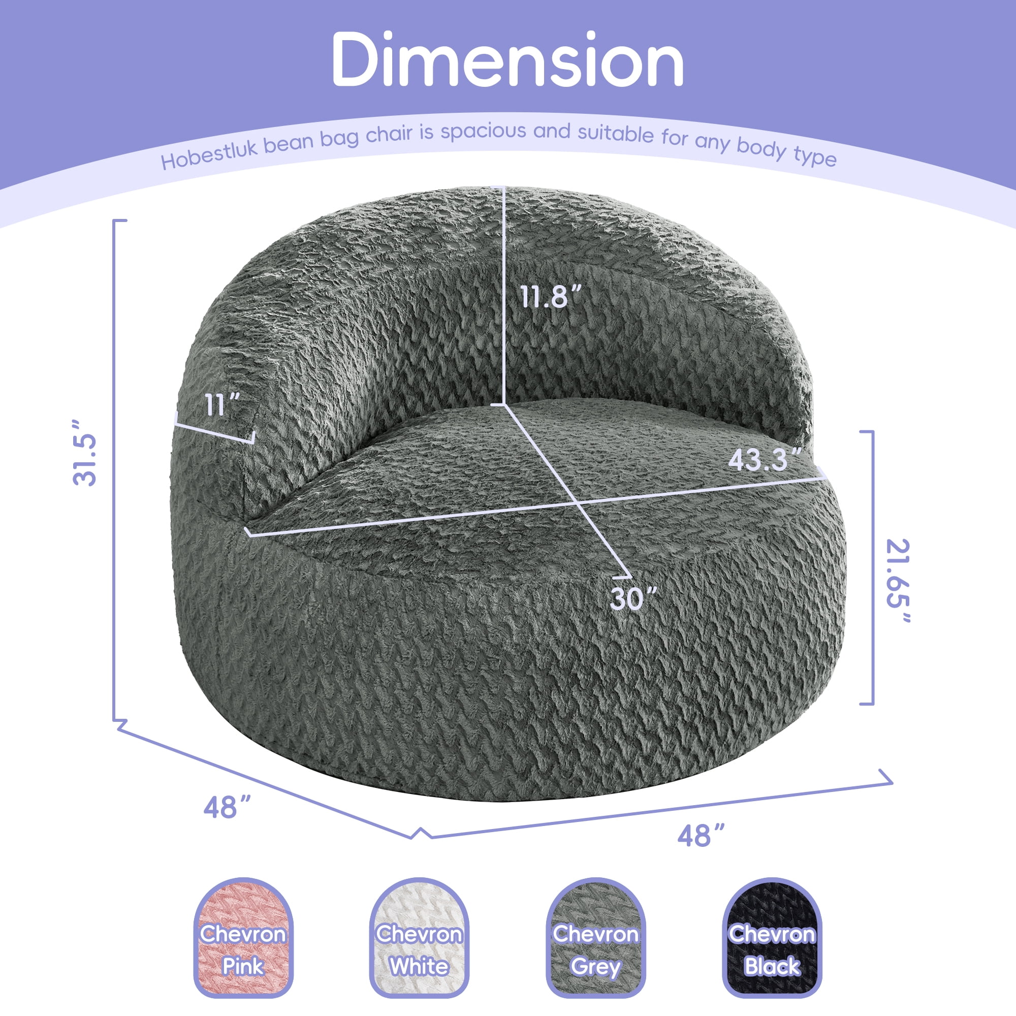 Hobestluk 4FT Bean Bag Chair for Adults with Memory Foam Filler Giant Beanbag with Faux Fur Cover for Bedroom (Chevron Grey,Oversize)