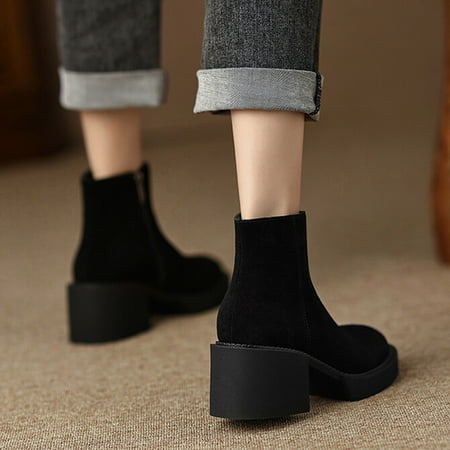 

ERTUTUYI Fashion Women Flock Solid Color Autumn Thick Sole Square Heels Zpper Short Booties Round Toe Shoes Black 40