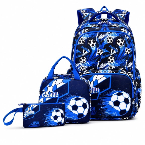 Soda Candy School Backpack for Boys 3Pcs Soccer Graphic Boys Backpack with Lunch Bag Pencil Case Set for Kids Children Teens Elementary Middle School, 18" Sport Bookbag Travel Back Pack for Age 6-18