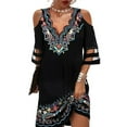 thumbnail image 2 of fartey Women Cold Shoulder Dress Mesh Patchwork Short Sleeve Casual Vacation Dresses 2025 Baggy V Neck Floral Print Mini Sundress, 2 of 6