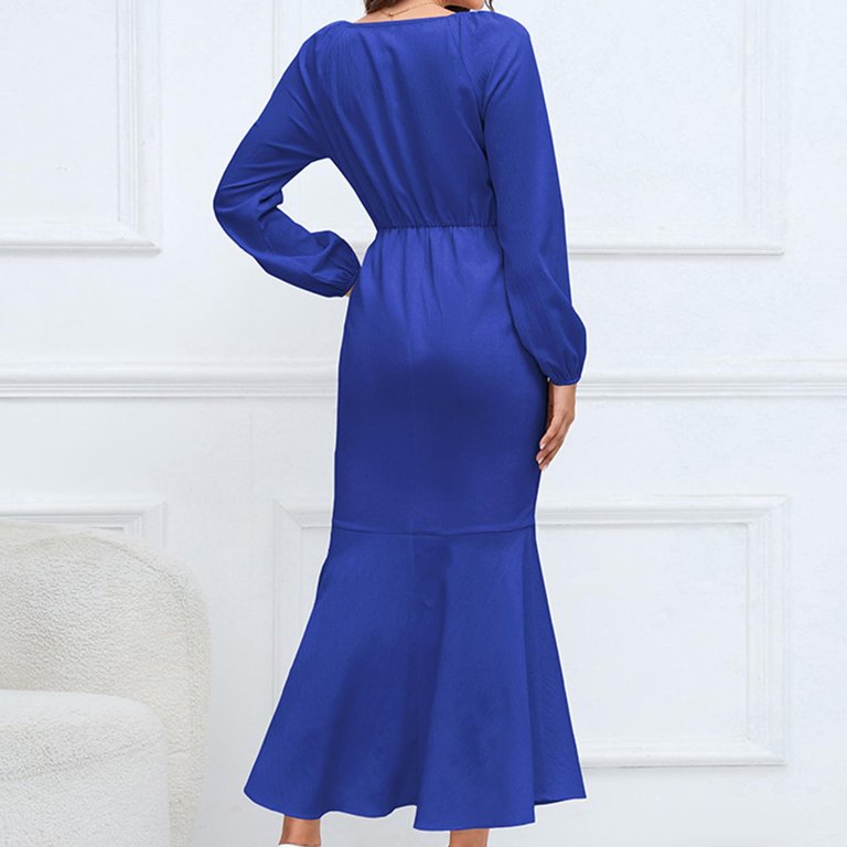 HAPIMO Women's Tea Length Mermaid Dress Solid Color Elegant Casual High  Waist Long Sleeve Spring V Neck Trendy Blue L - Walmart.com