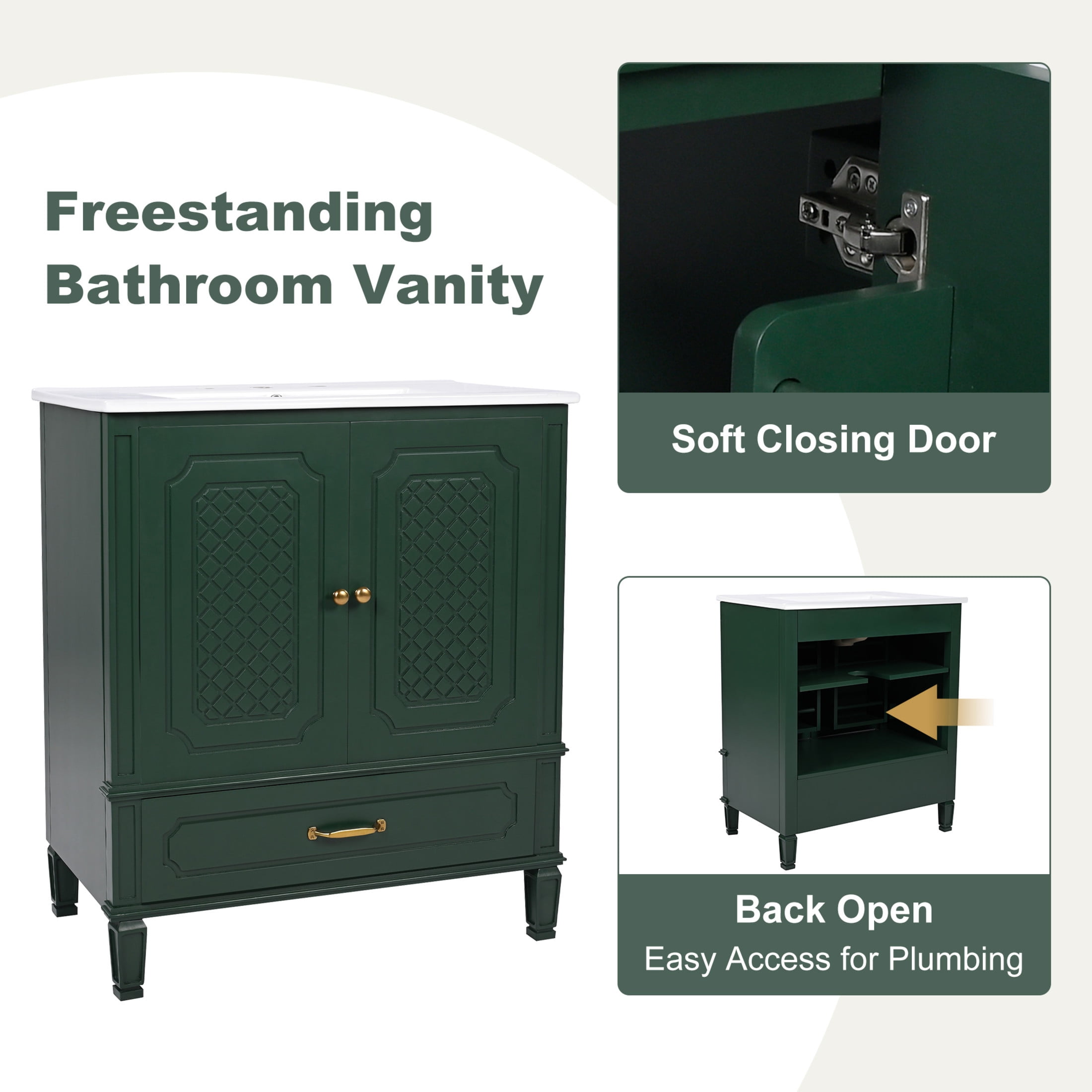 Christopher Knight Home Retro 30" Bathroom Vanity with Ceramic Sinks, Soft-Close Doors, Dark Green