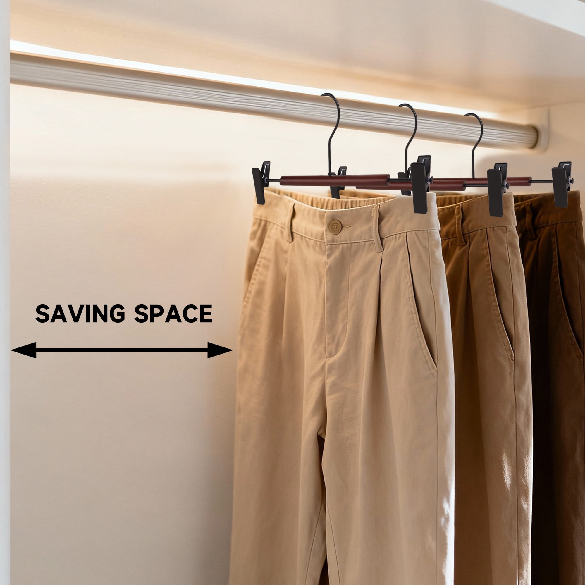 BP4U 12-Pack Metal Pants Hangers with Adjustable Clips, Premium Beech Wood Skirt Bottom Hangers for Trousers, Jeans, Shorts, Socks(Black)
