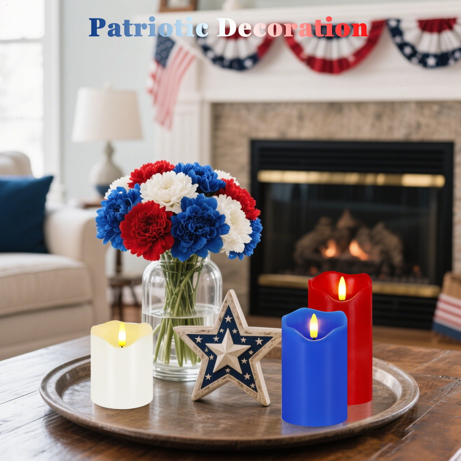 4th of July Flameless Candles, Set of 3 Patriotic LED Candles with Remote & Timer, Flickering Electric Pillar Candles Battery Operated, Red White Blue Candles for Home Independence Day Decor