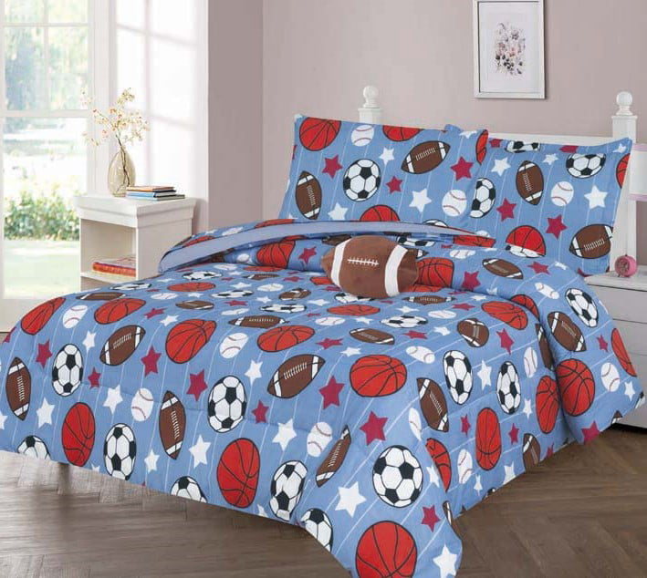 WPM 8 Piece FULL Comforter Set Kids/Teens Blue Base Basket Ball print Design Luxury Bed In a Bag Furry Decorative TOY Pillow Included-Sport Twin Comforter Set 