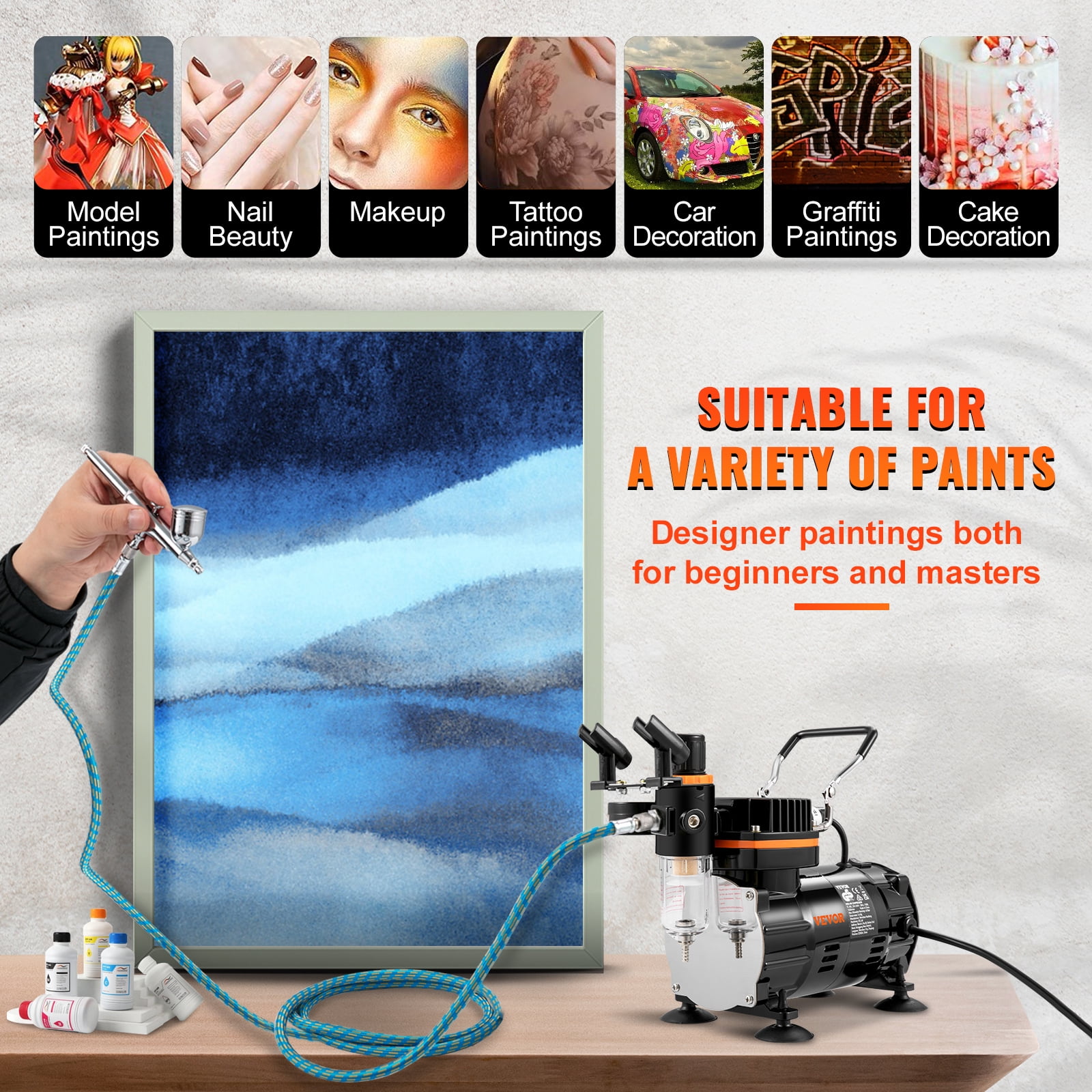 VEVOR Airbrush Ensemble, Expert Airbrush Kit with Compressor, Multi-Use Dual-Action Gravity Feed Airbrush System for Art, Nails, Cookies, Tattoos