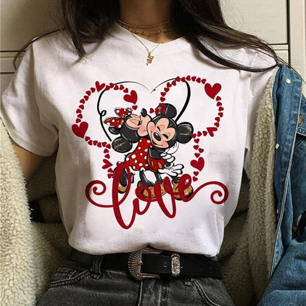 Valentine's Day Gift Disney Mickey Mouse Women's Crewneck High-Quality Casual 100% Cotton T-shirt Free ShippingXS Gao Jinjia LED