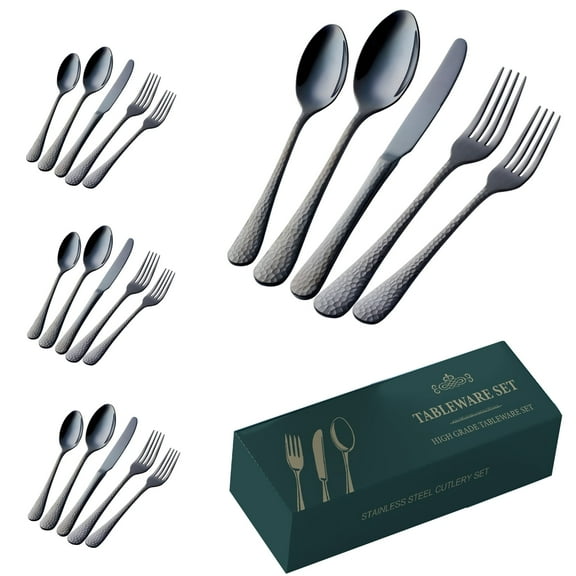 20 Piece Black Silverware Set for 4, Stainless Steel Hammered Cutlery, Mirror Polish Flatware, Dishwasher Safe for Home, Kitchen & Restaurant