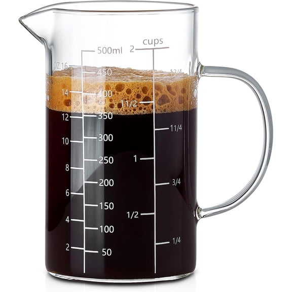 500ML 2 CUP Glass Measuring Cup With Handle, High Borosilicate Glass Three Scales (OZ, Cup, ML/CC for Kitchen or Restaurant Easy To Read