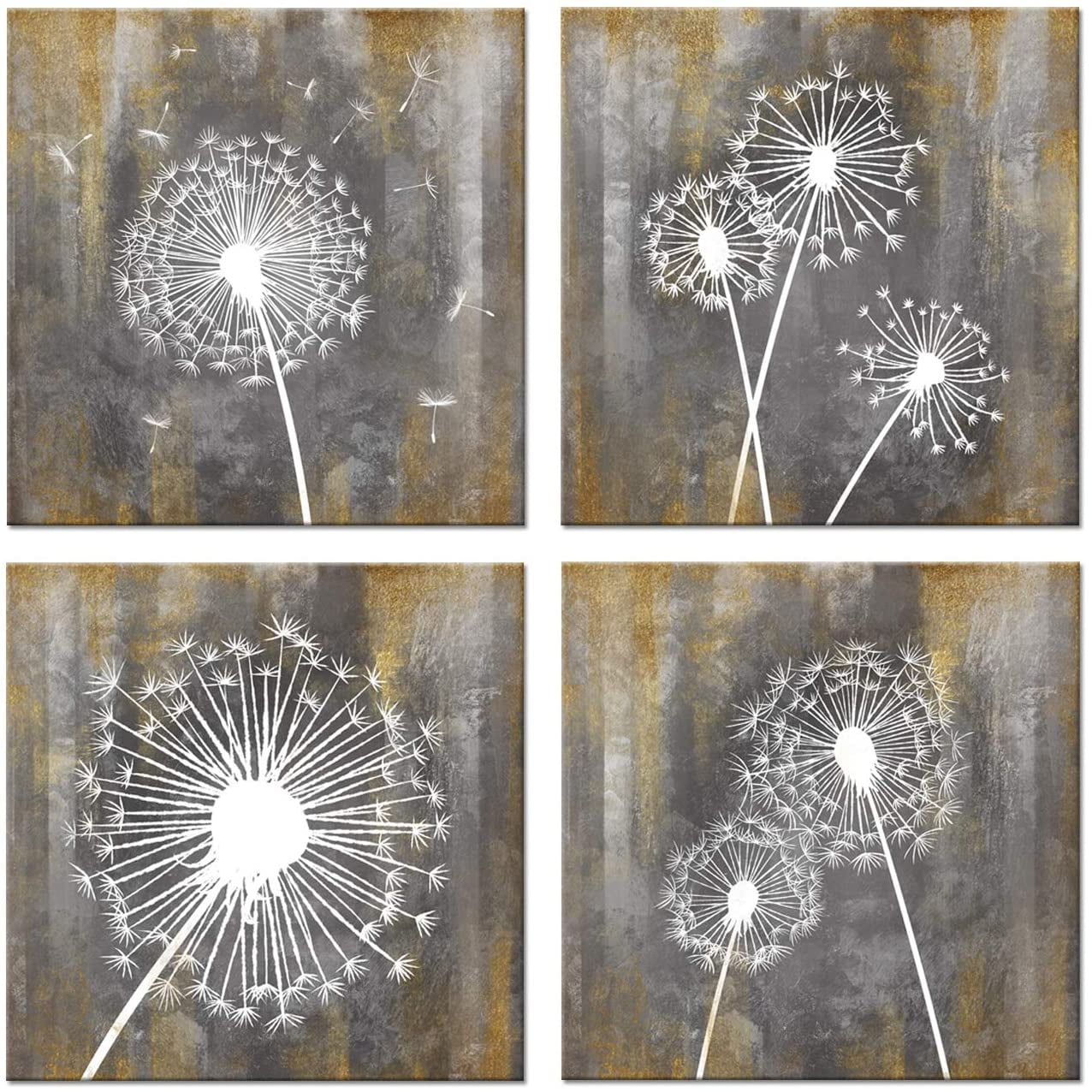 4 Pieces Set Dandelion Canvas Wall Art Abstract Grey and Gold Flower