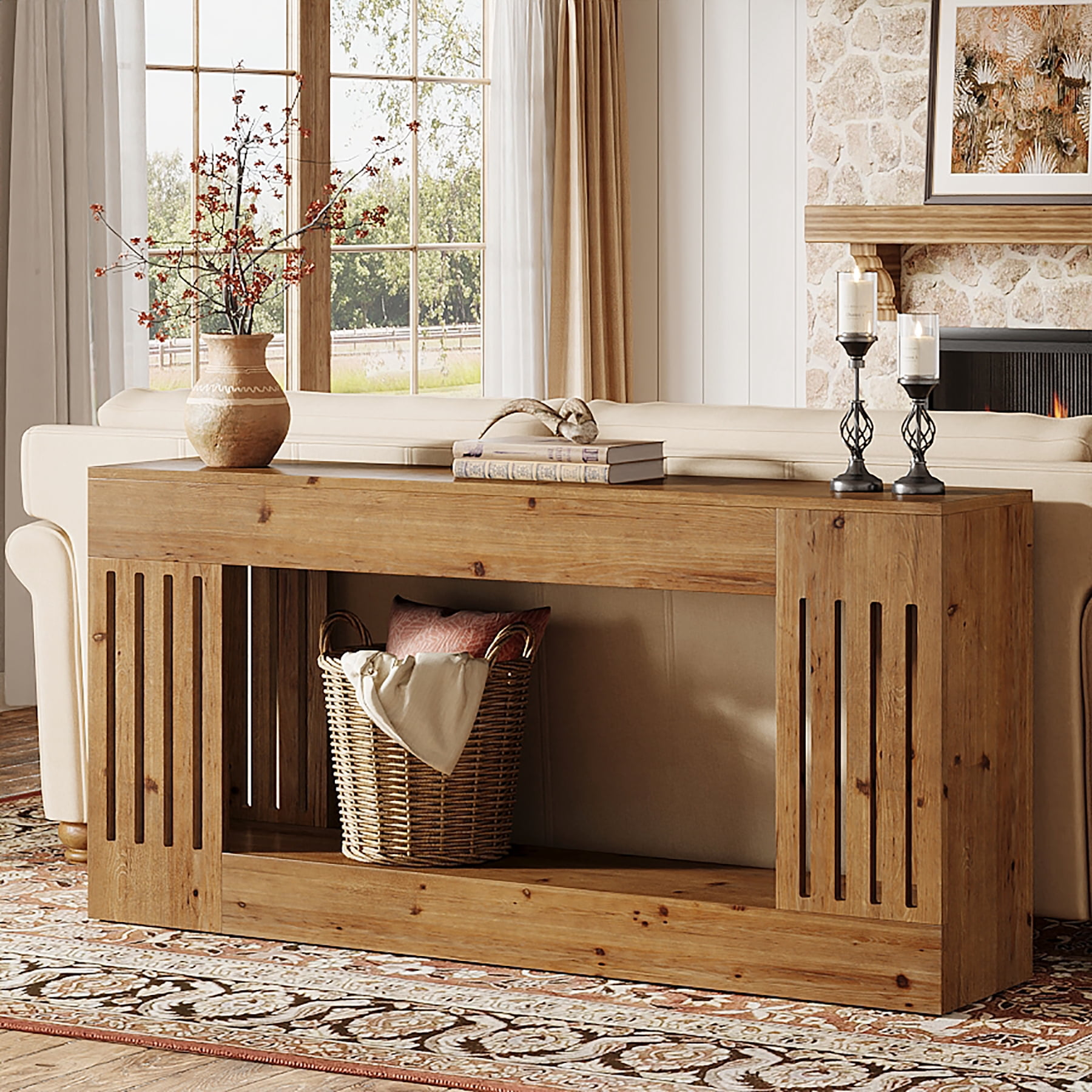Tribesigns 63-Inch Solid Wood Console Table, Farmhouse Sofa Table with with Vertical Stripe Legs, 2-Tier Entryway Table for Entrance, Hallway, Living Room, Brown