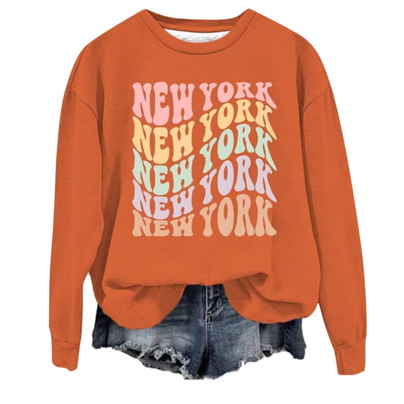 UJNDER Women's NYC Graphic Print Crewneck Sweatshirt Long Sleeve Casual Pullover for Urban Streetwear Orange S