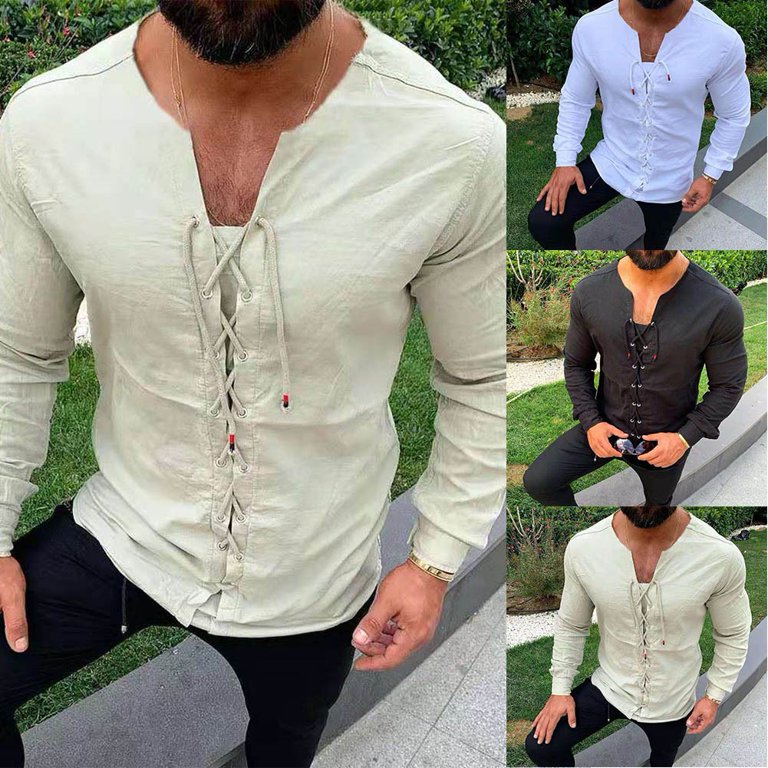 Vintage Men Medieval Long Sleeve Shirt Lace Up Blouse Collarless V