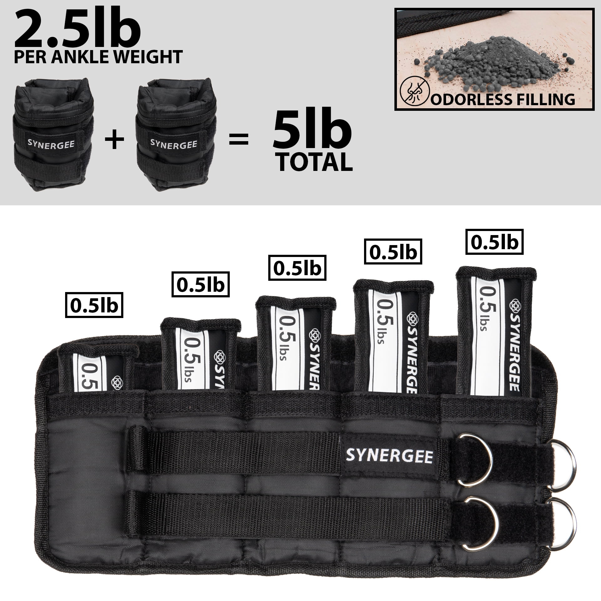 Synergee Comfort Fit 0.5-5lb Adjustable Ankle/Wrist Weights (Set of 2). One Size Fits All.