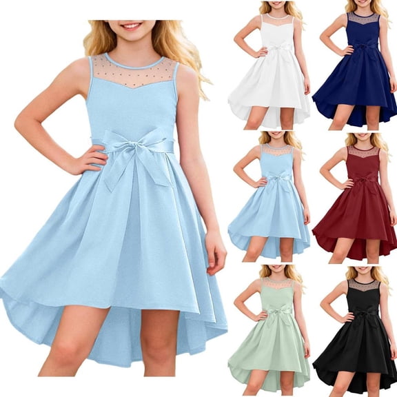 Bxsruta Big Girls Sleeveless Satin Mesh Dress with Bow High Low Hem Rhinestone Accent A Line Party Wear