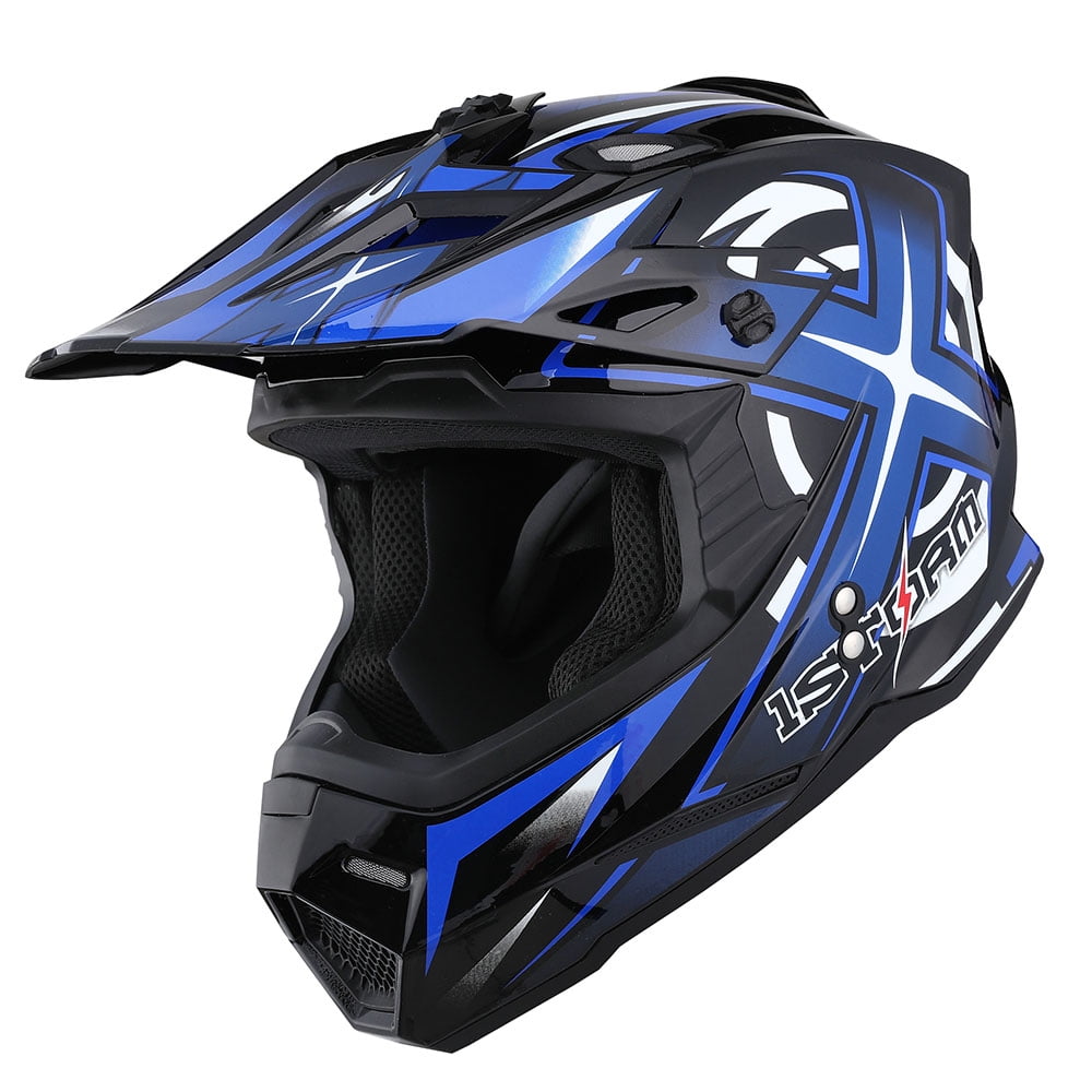 1Storm Adult Motocross Helmet BMX MX ATV Dirt Bike Helmet Racing Style HF801 + Goggle + Gloves Bundle; Sonic Blue