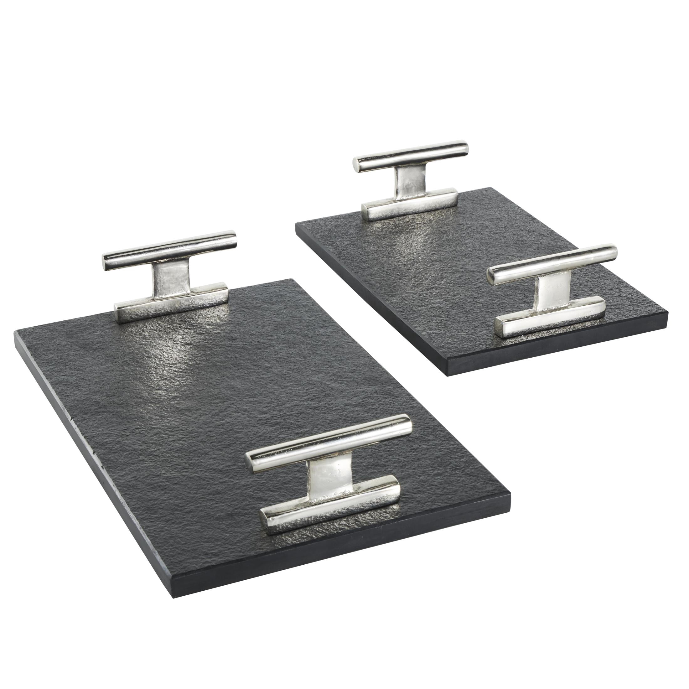 DecMode 15", 12"W Black Marble Textured Tray with Silver Handles, 2-Pieces