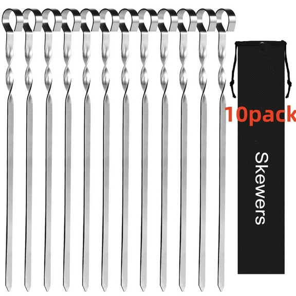Kabob Skewers 14" Stainless Steel Long BBQ Barbecue Skewers,Flat Metal Kebob Sticks Wide Reusable Grilling Skewers for Meat Chicken,Set of 10pcs with Storage Bag