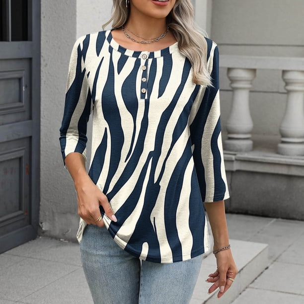 TaTaai Daily Wear T-Shirt Soft Skin-Friendly Women's Fashion Printed Button Round Neck 3/4 Sleeve Loose Casual All Season Fashion Top Gift