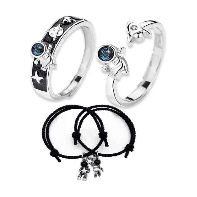 2anillos De Astronauta Pareja Aleación Y 2pulseras Ajustable Plateado