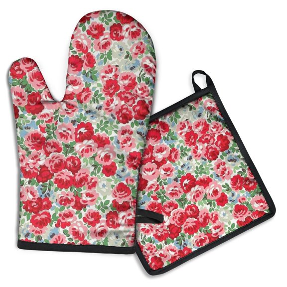 Pioneer Flower Kitchen Oven Mitt and Pot Holder Sets 2 Pcs for Baking, Cooking and Grilling, Heat Resistant Up To 392 °F