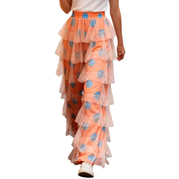 Women'S Long Tiered Ruffled Tulle Pants High Waist Stripe Print Wide Leg Palazzo Pants for Club Party Orange M