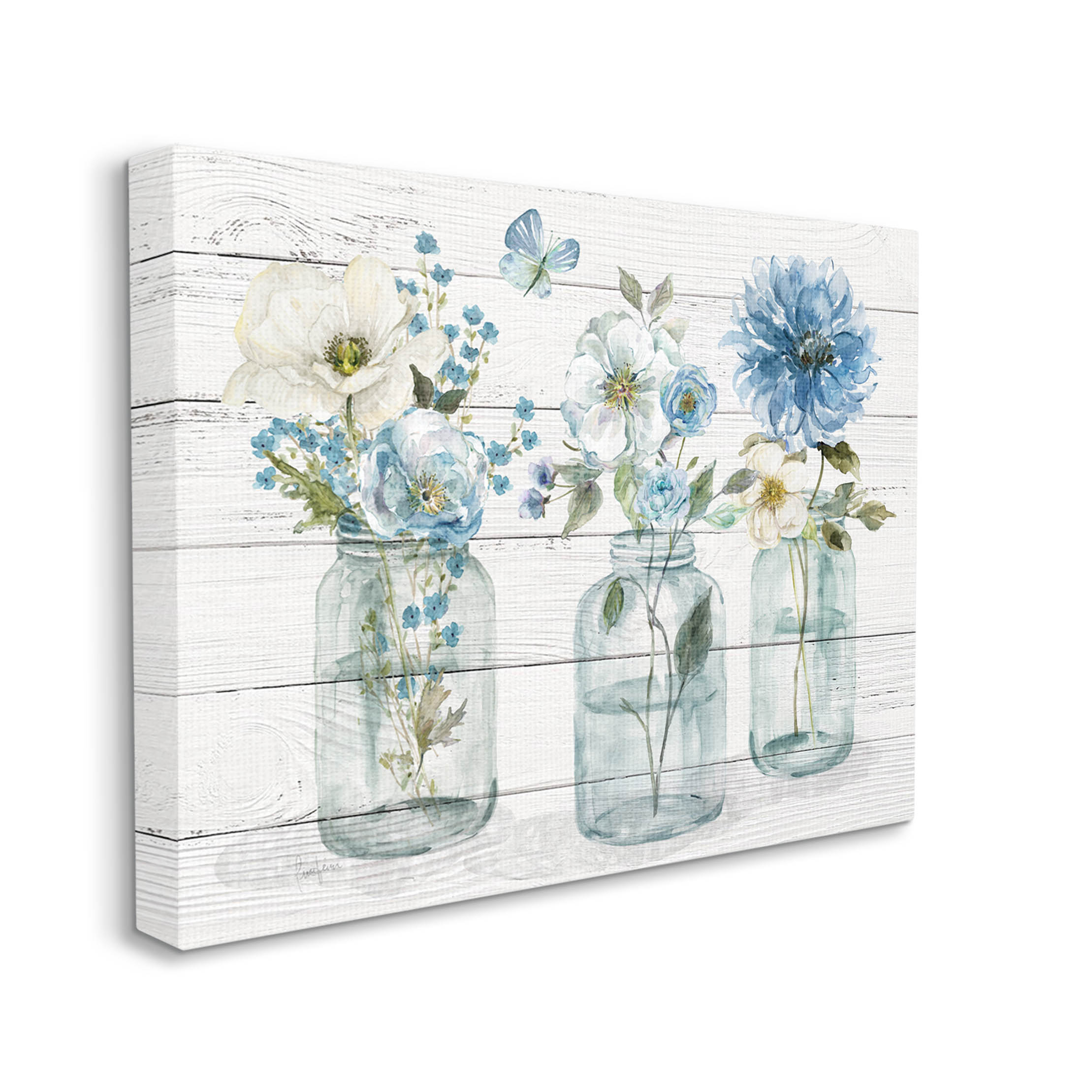 Blue Country Jar Bouquets Botanical & Floral Graphic Art Gallery Wrapped Canvas Print Wall Art