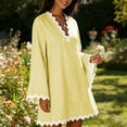 thumbnail image 5 of XuJwPNcy Womens Summer Dresses Long Sleeve Ruffle Hem Mini Dress V Neck Striped Loose Dresses Fashion Casual Outfits, 5 of 7