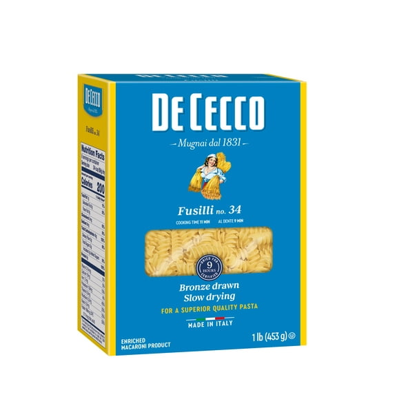 De Cecco Fusilli No.34 Pasta, 16 oz – Contains Wheat, No Dairy, Soy, Peanuts, Tree Nuts, or Sesame