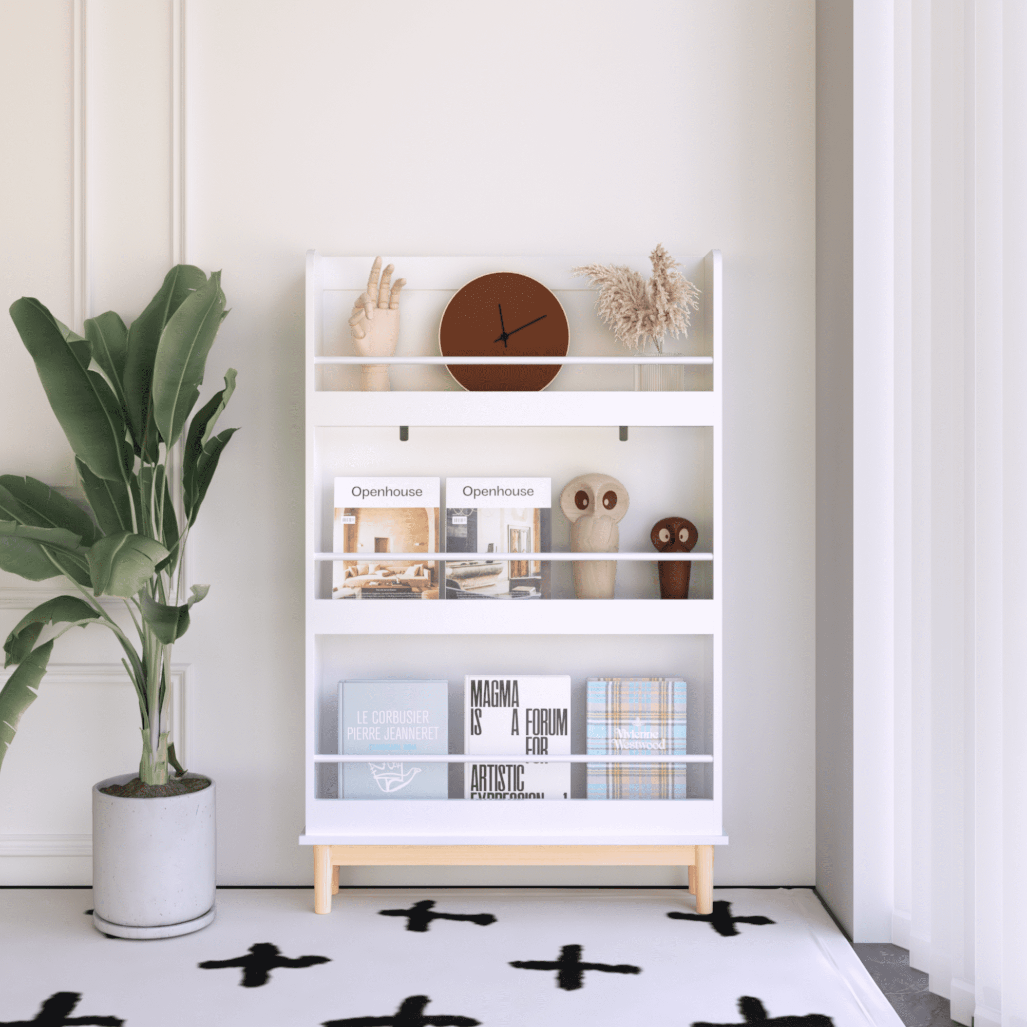 Wall-Mounted Kids Bookshelf - White 4-Shelf Book Display with Wood Base (28.74" X 5.91")