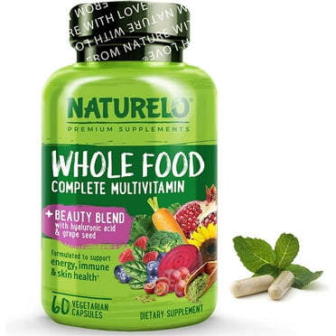 NATURELO Whole Food Multivitamin with Extra Hair, Skin and Nails Support – Beauty Blend with Hyaluronic Acid & Grape Seed - High Potency Biotin, Vitamin C, and Glutathione - 60 Vegan Capsules