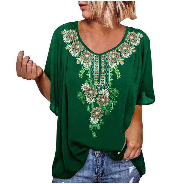 Moda mujer verano cuello redondo 1/2 manga estampado casual camiseta blusa Fridja ghk1656