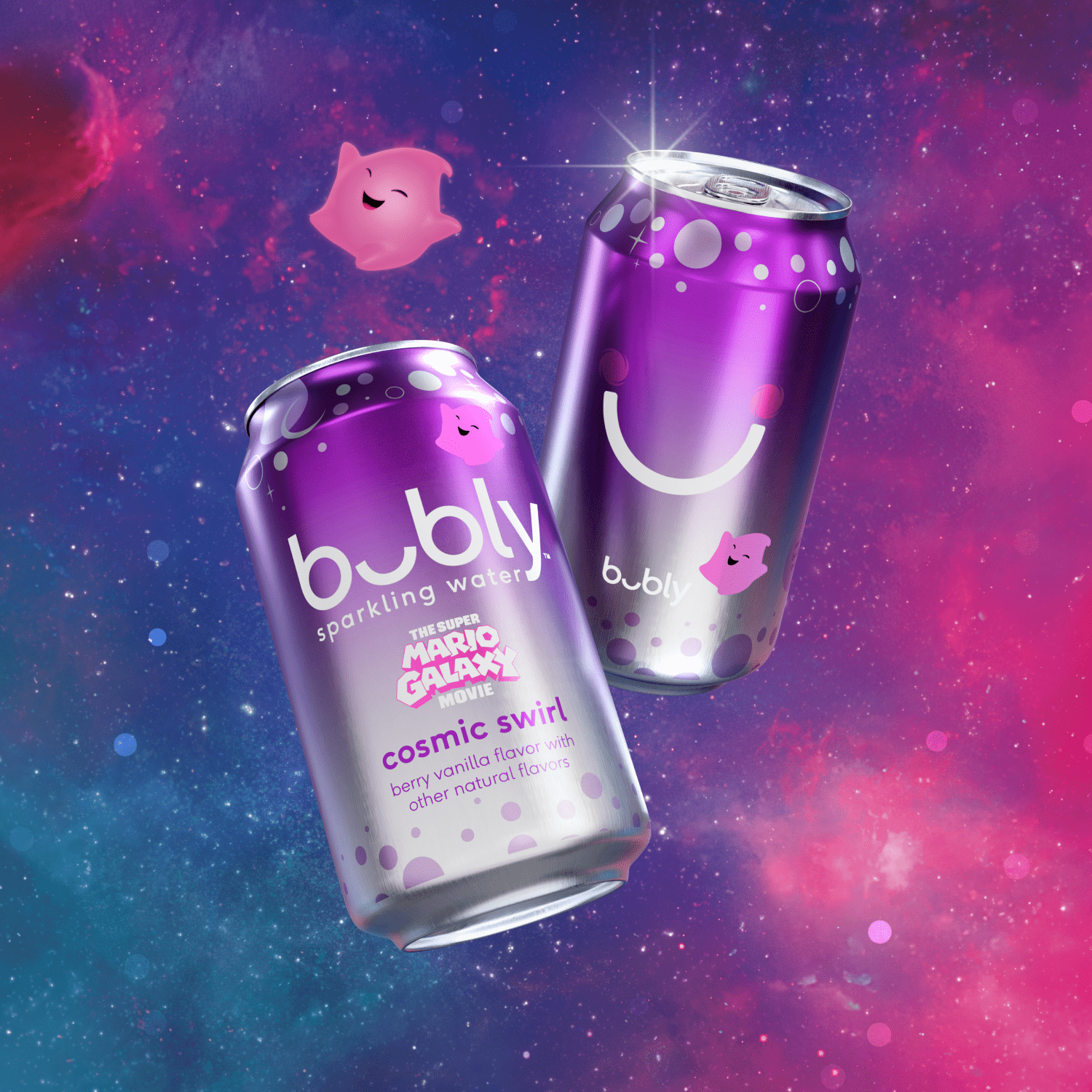 bubly Sparkling Water, The Super Mario Galaxy Movie Cosmic Swirl, Zero Sugar & Zero Calories, 12 fl oz Cans (8 pack)​