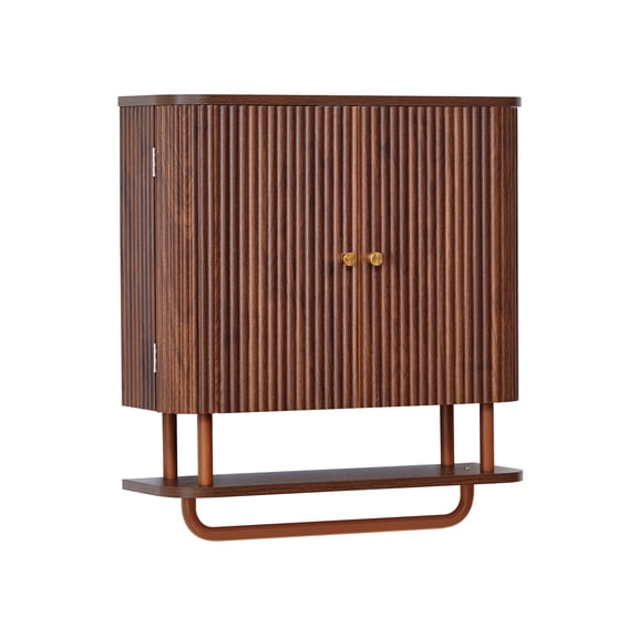 YOCWO Fluted Bathroom Wall Mounted Cabinet with Adjustable Shelf, Modern Storage Organizer for Laundry Room, Space-Saving Medicine Cabinet with Removable Towel Bar, Walnut