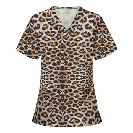 

Winter Savings 2022! Plus Size Scrubs Tops for Women Short Sleeve Leopard Print Nurse Workwear V-Neck Casual Working Uniform T-Shirts Blouse with Pockets