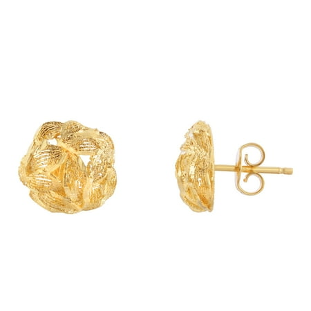 14k Yellow Gold Leaf - 14K Yellow Gold 10mm Sand+Diamond Cut Leaf Patterned Round Button Post Earring with Push Back Clasp