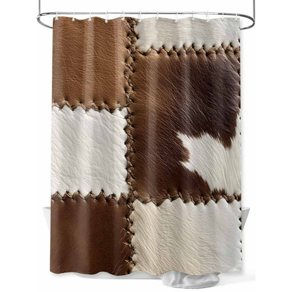 Cow Cowhide Shower Curtain, Abstract Brown Seam Leather Waterproof Shower Curtain Set with 12 Hooks Lightweight Washable Fabric Shower Curtains for Bathroom 48x72 Inches